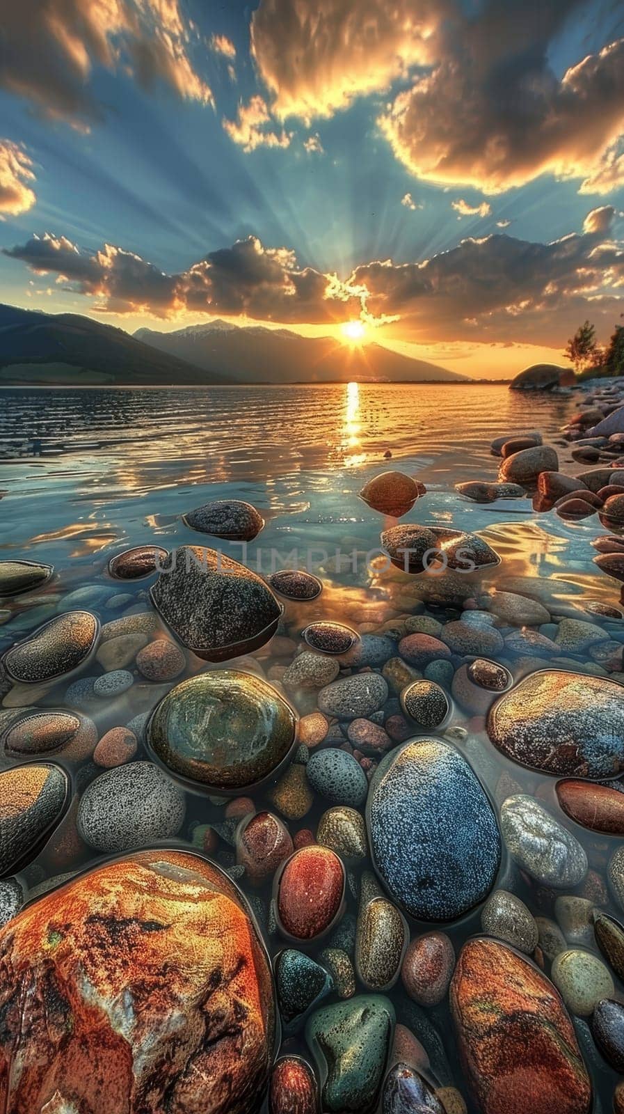 Sun rays pierce through clouds above a lakeside, casting a golden reflection over the water and smooth stones. The scene captures the tranquil end of a day in nature's embrace