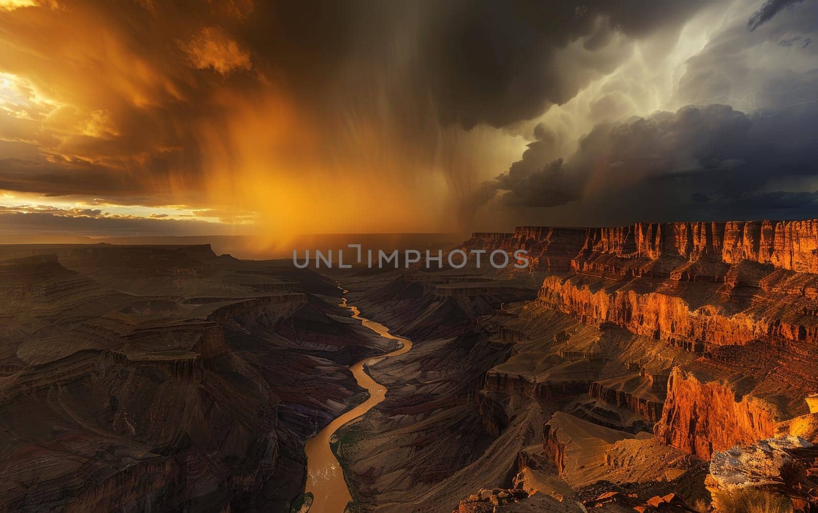 A storm graces the Grand Canyon at sunset, its rain showers illuminated by sunbeams, creating a dramatic interplay of light and shadow over the ancient landscape