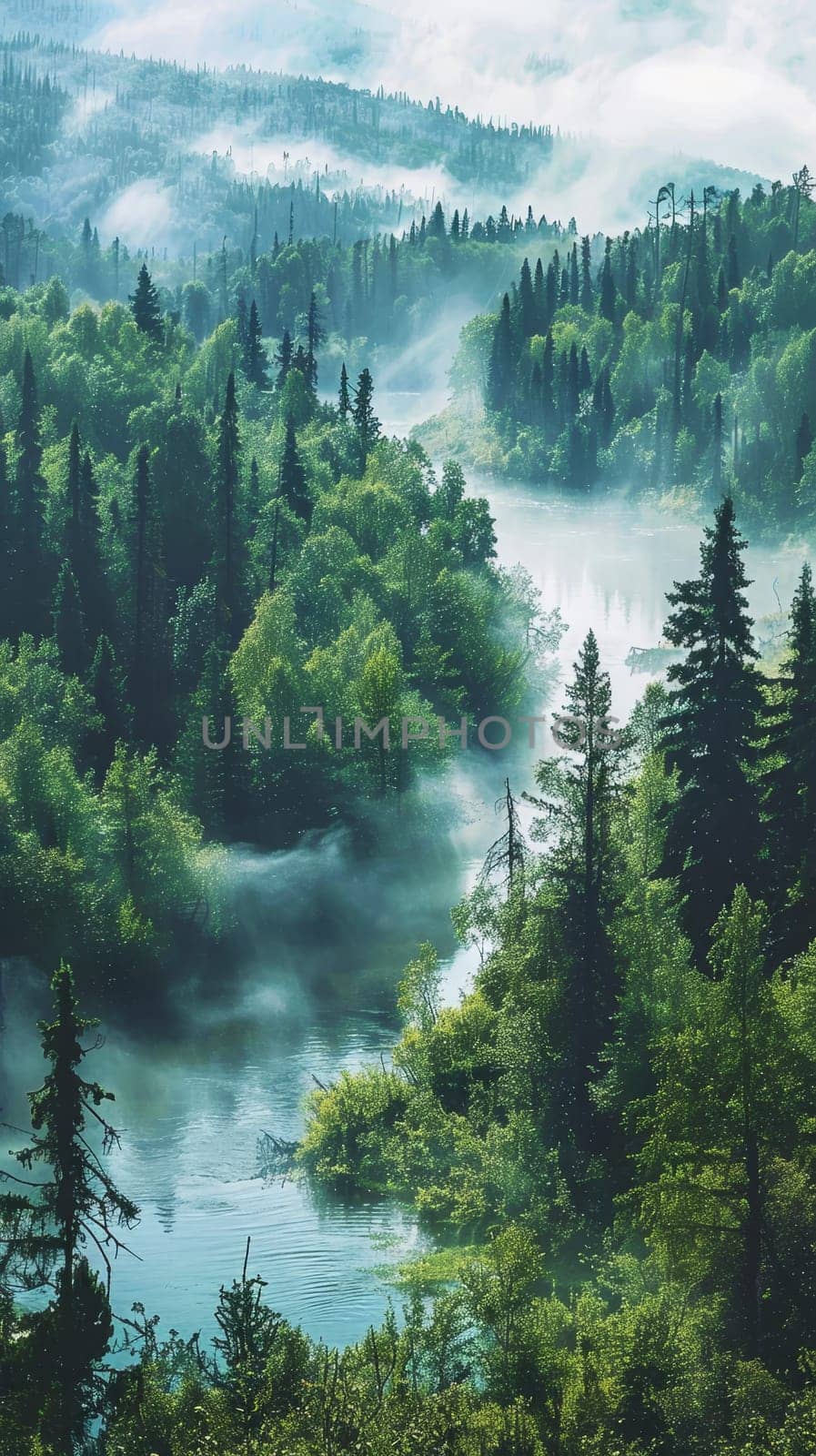 A river winds through a boreal forest, enshrouded in mist and bathed in the ethereal light of morning, creating a mystical atmosphere where the natural world whispers of ancient stories