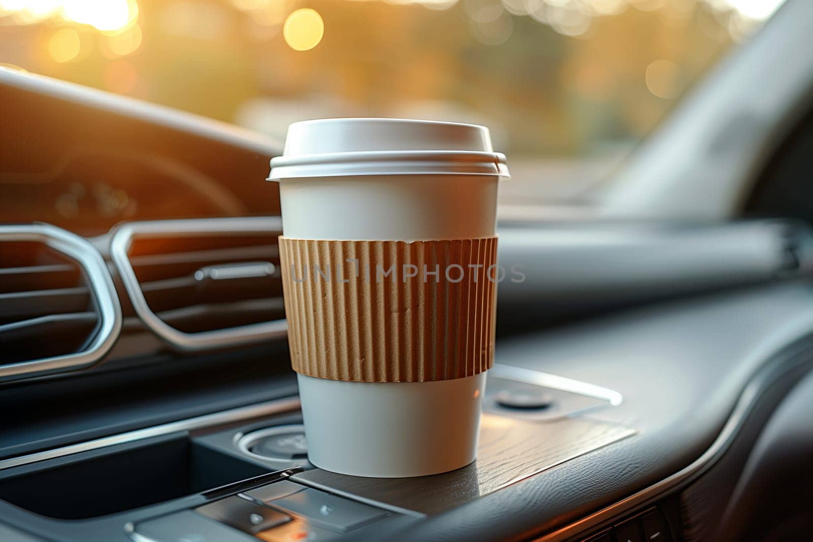 A close-up photo of a coffee cup placed on the dashboard of a car. The cup has a white paper sleeve with a brown paper wrapper around it. The cars dashboard is black and textured. The background shows the cars interior and a blurry view of the outside through the windshield. The warm golden light of the setting sun casts a soft glow on the cup and the cars interior.