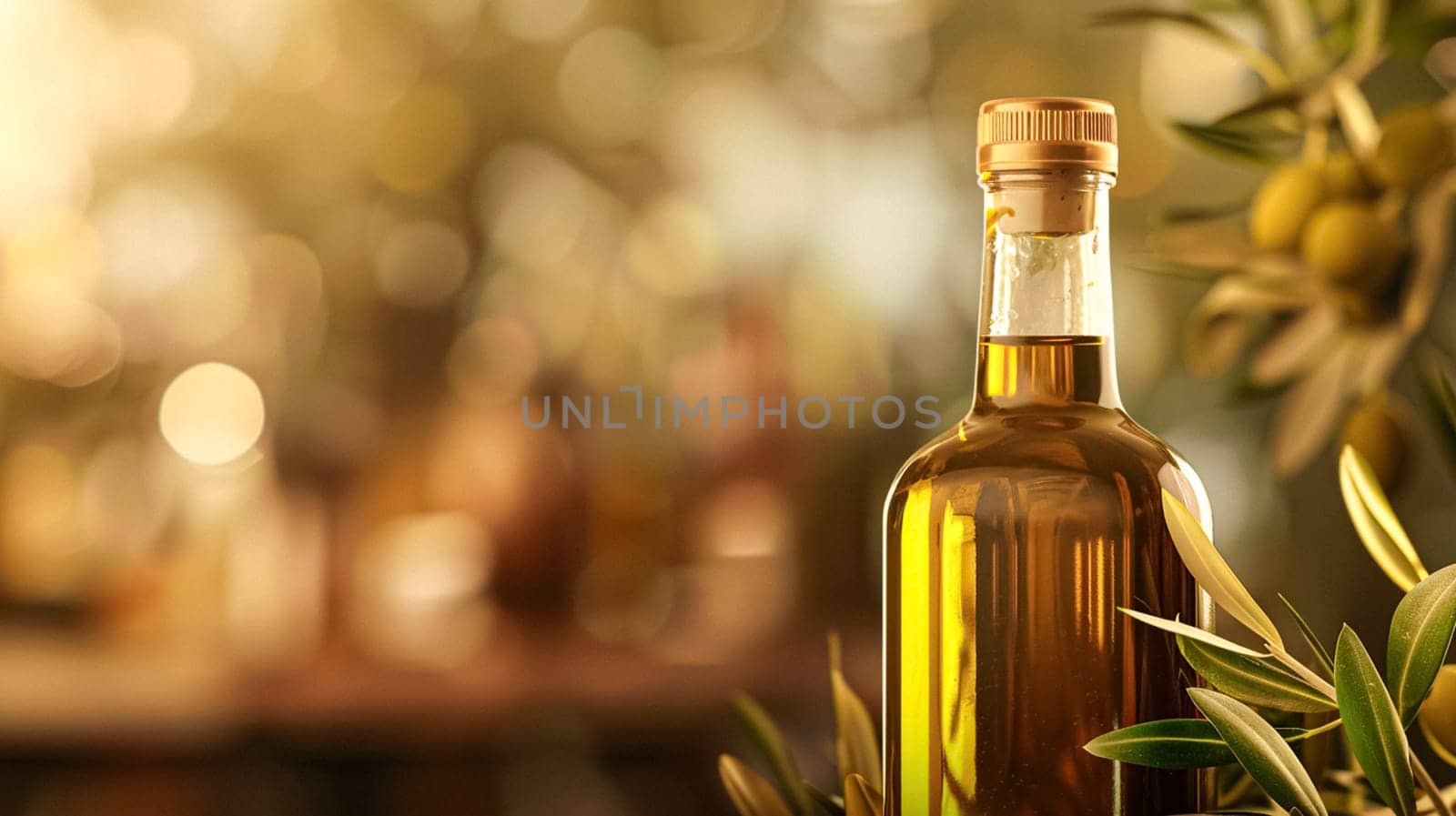 Olive oil bottle ad background with copyspace, vegetable oil commercial produce, food industry and retail concept