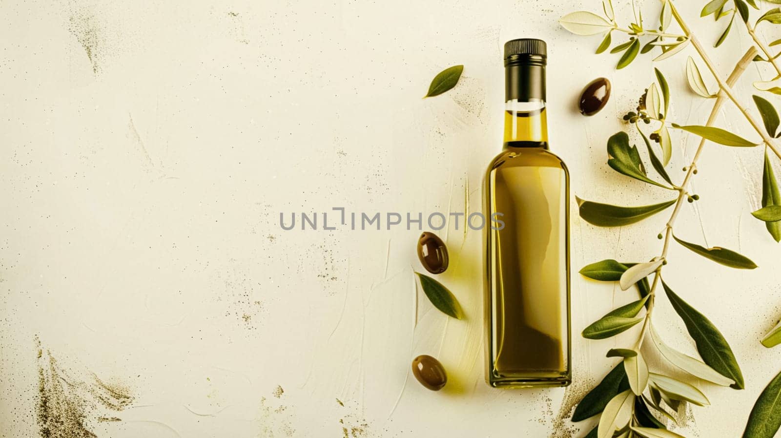 Olive oil bottle ad background with copyspace, vegetable oil commercial produce, food industry and retail concept