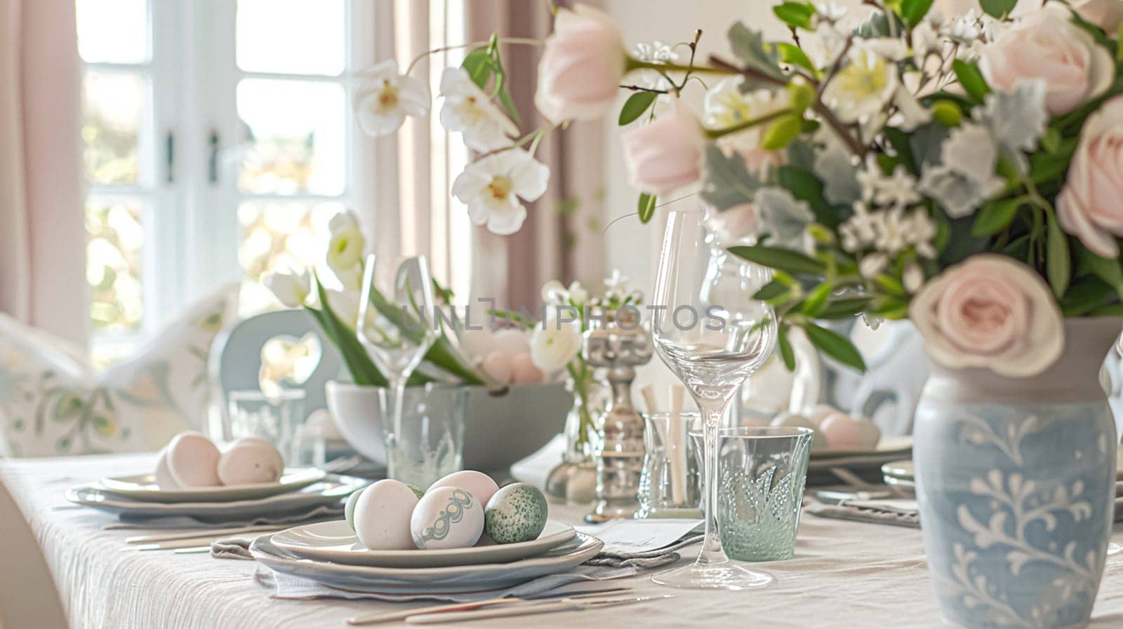 Easter tablescape decoration, floral holiday table decor for family celebration, spring flowers, Easter eggs, Easter bunny and vintage dinnerware, English country and home styling