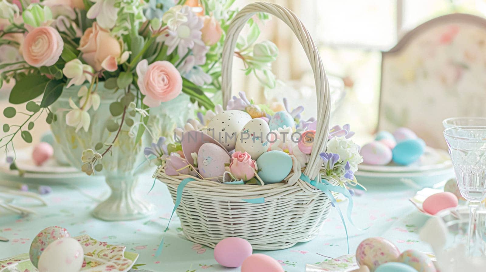 Easter tablescape decoration, floral holiday table decor for family celebration, spring flowers, Easter eggs, Easter bunny and vintage dinnerware, English country and home styling