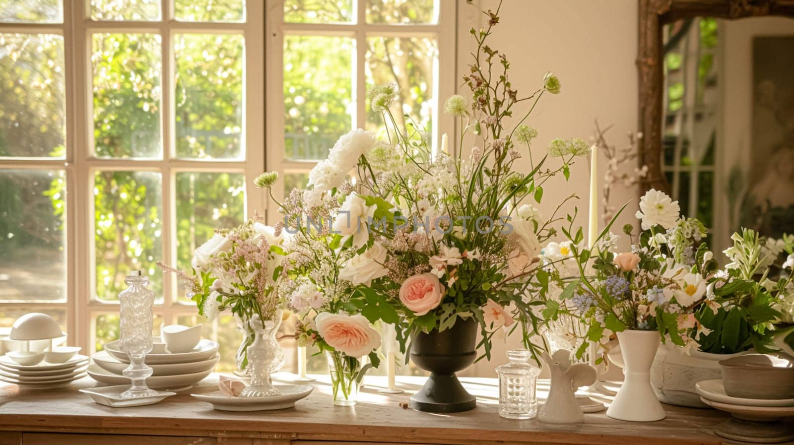 Spring flowers in vintage vase, beautiful floral arrangement, home decor, wedding and florist design