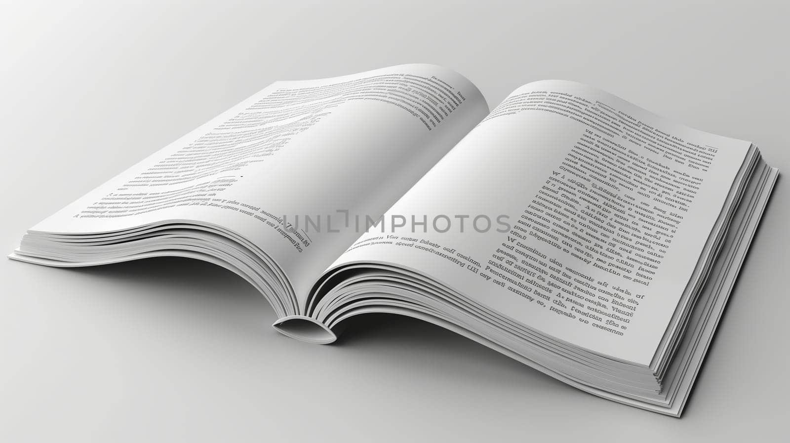 A close-up shot of an open book lying flat on a white surface. The pages are filled with black text, and the book is open to a section with several paragraphs of text.