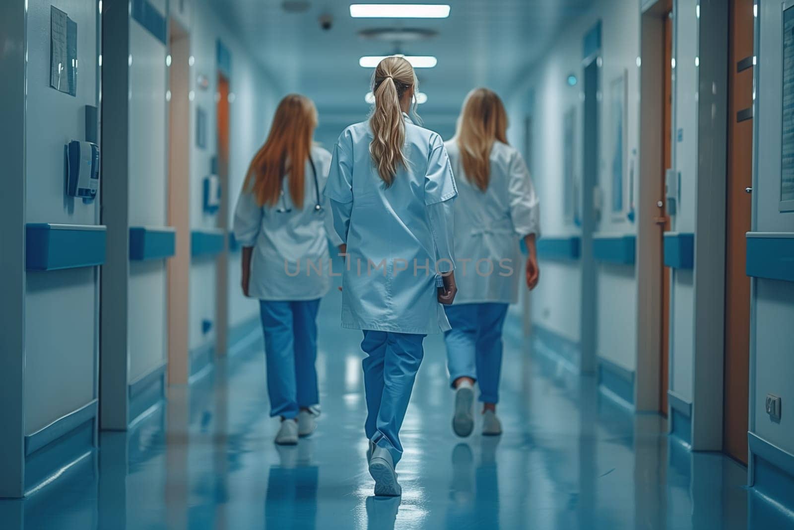 Three female doctors, wearing white coats and scrubs, walk down a hospital hallway. The doctors are in the middle of the frame and are walking away from the camera. The hallway is brightly lit and has a sterile, clinical feel.