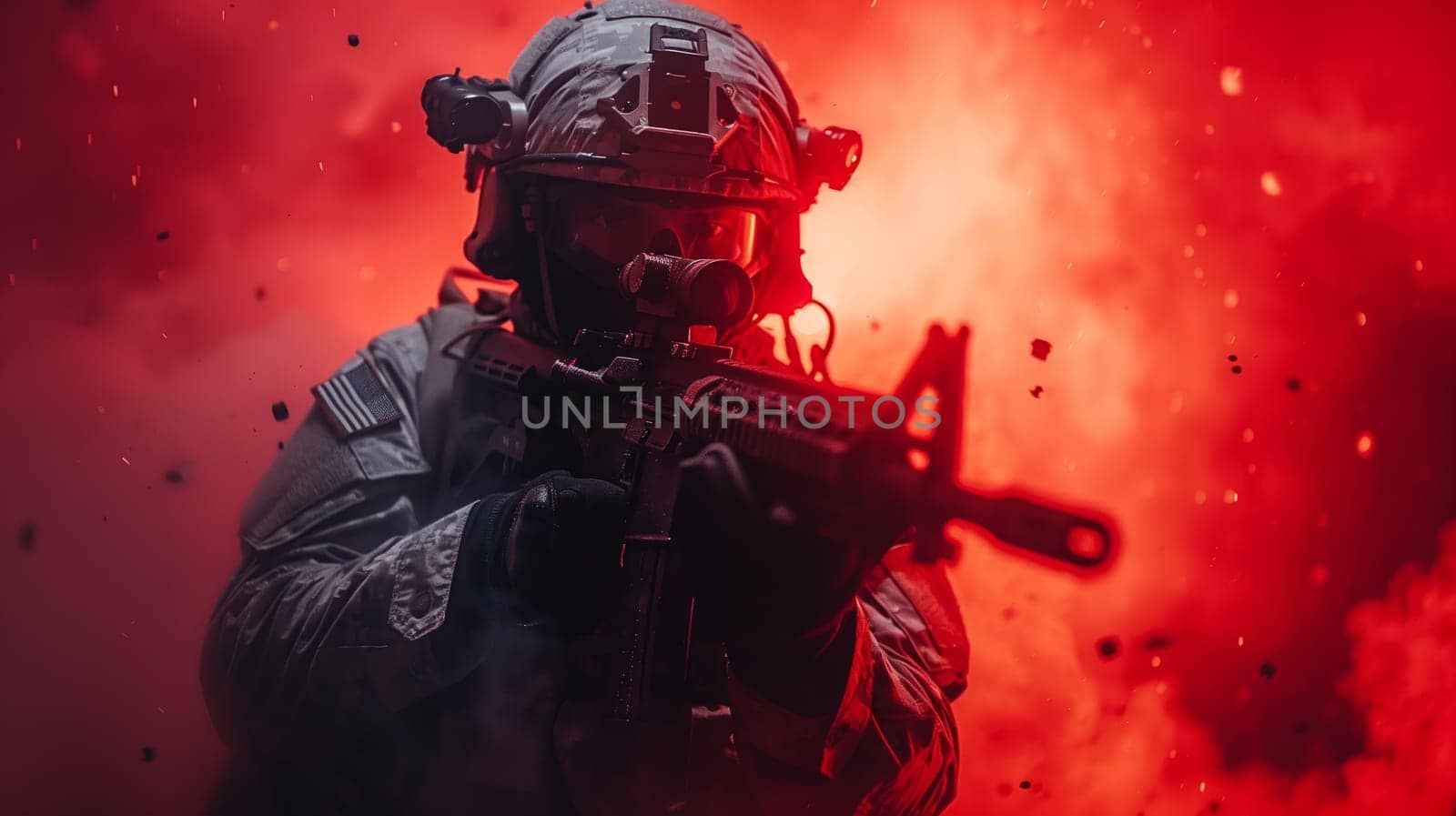 This image depicts a soldier wearing camouflage gear and a helmet with a night vision scope, holding a rifle with his hands in a firing position. He is standing in front of a background of dense red smoke, possibly from a recent explosion or a pyrotechnic effect. The smoke creates a dramatic and chaotic backdrop, highlighting the intensity of the situation.