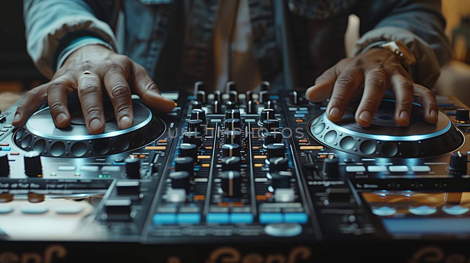 The image is a close-up of a DJs hands mixing music on a soundboard. The DJ is wearing a denim jacket and has their hands on the mixers controls. The image is taken from a low angle, looking up at the DJs hands.