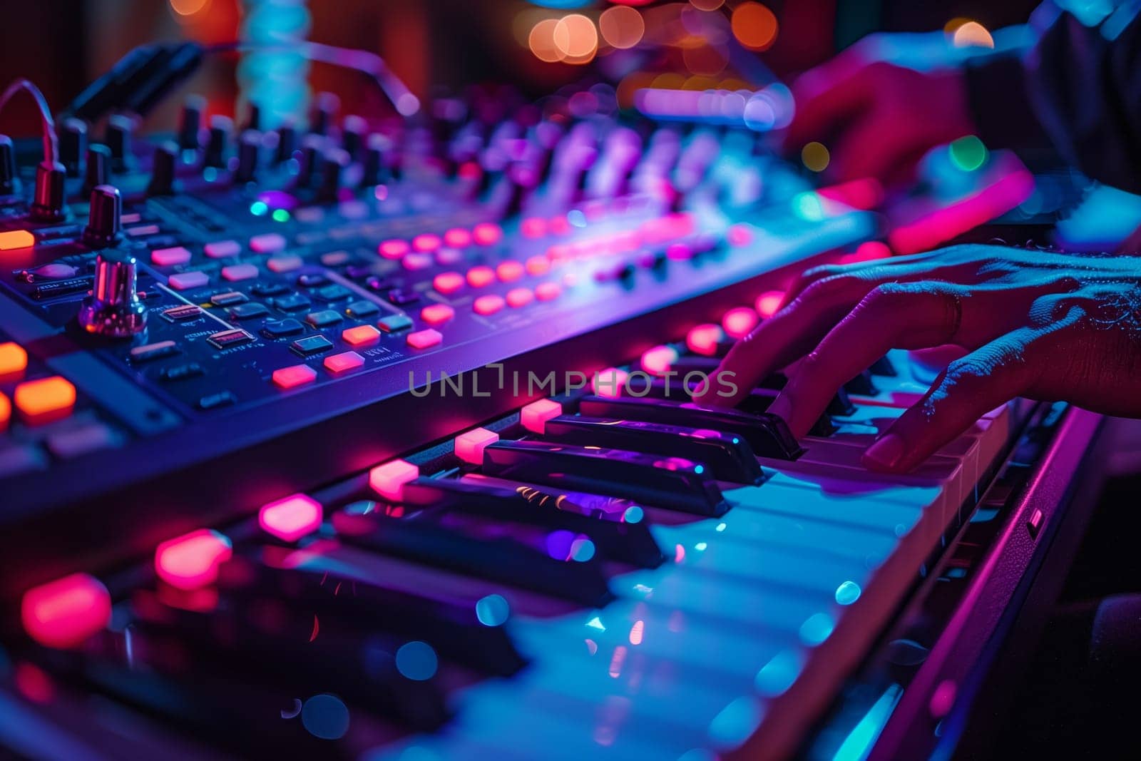 A close-up shot captures a musicians hand playing a keyboard during a live performance. The keyboard is lit with vibrant purple and blue lights, creating a dynamic and colorful scene. The musicians fingers press the keys with precision, and the background is a blur of lights and activity.