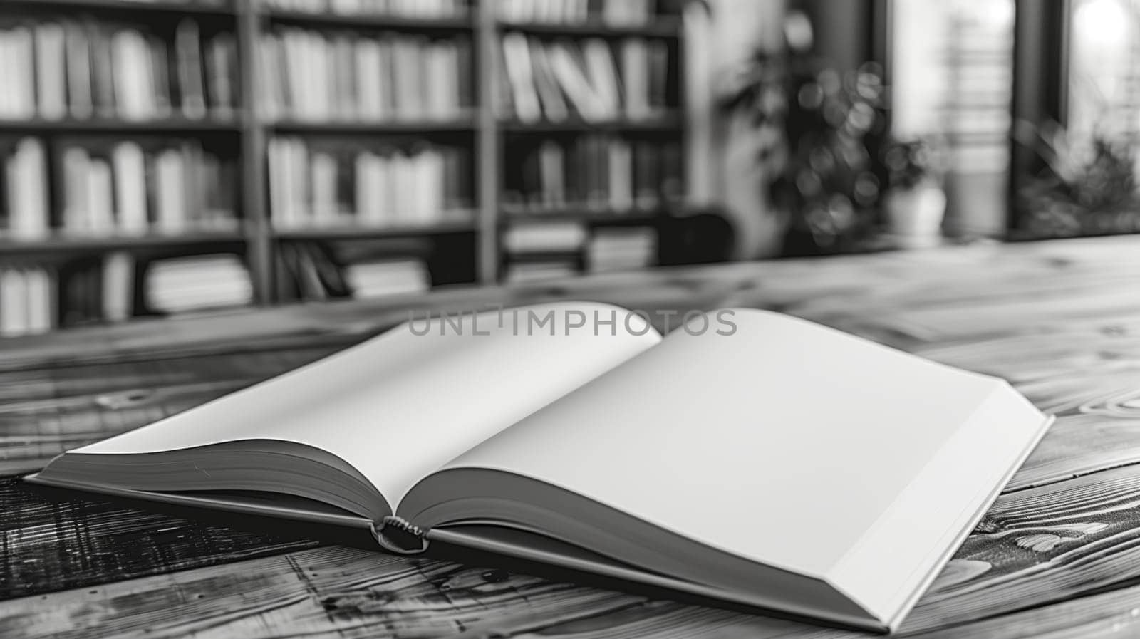 A close-up, black and white image of an open book lying on a wooden table. The books pages are blank, and it is resting against a bookshelf in the background, creating a sense of peace and tranquility.