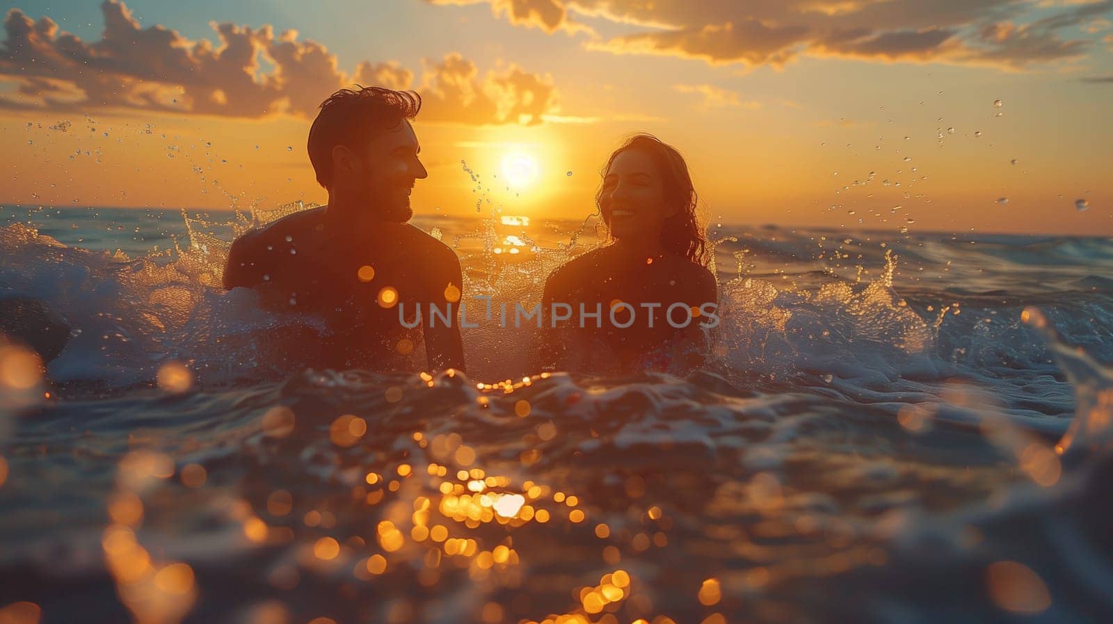 A couple swims in the ocean at sunset, the golden light of the setting sun reflecting off the water. They are silhouetted against the bright sky, and the water is filled with bubbles and spray.