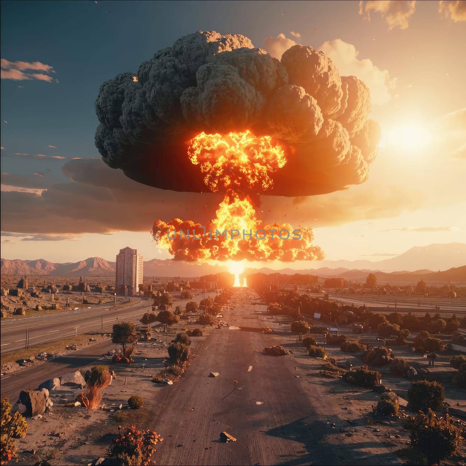 A photograph of a nuclear explosion against the backdrop of destroyed buildings and vacant lots and people. Military combat operations. Nuclear mushroom. Weapons of mass destruction.