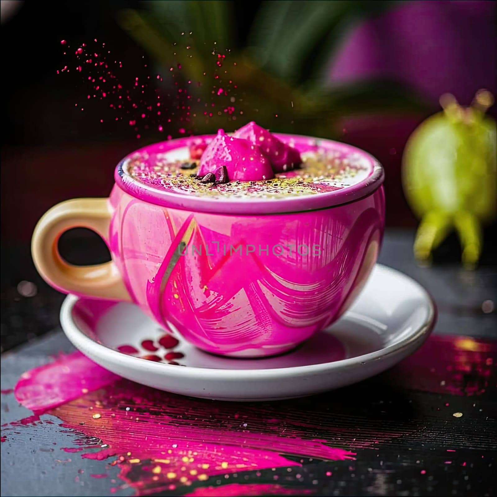 Photo of pink matcha from bright dragon fruit powder. It is rich in vitamins and minerals. Sweet taste reminiscent of a mixture of strawberries and kiwi.