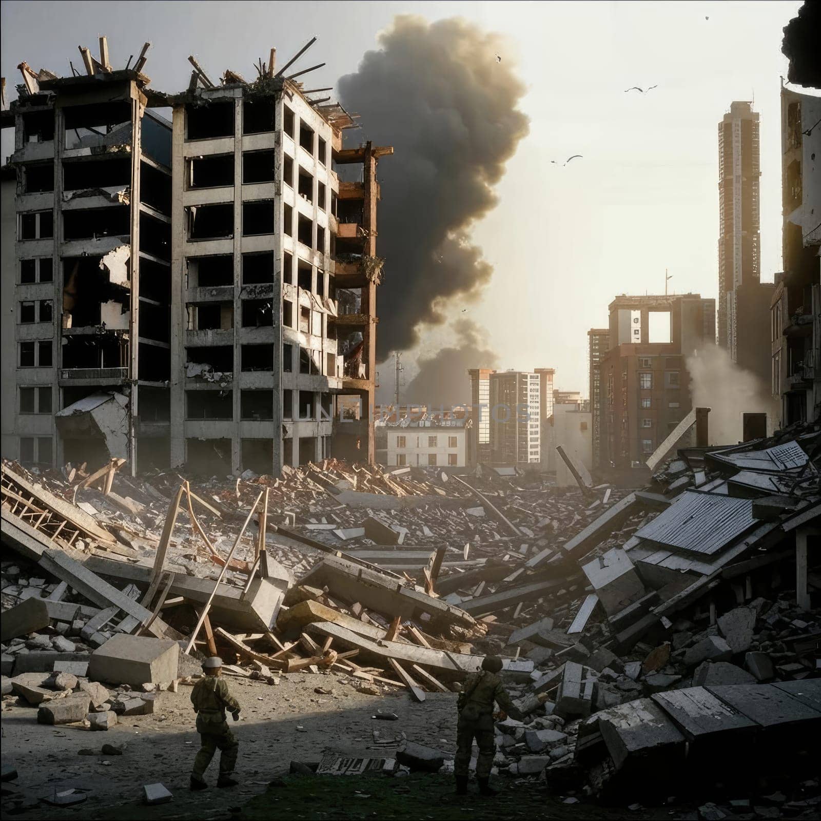 Photograph of destroyed buildings and houses due to the war. Mass destruction. Lifeless cities. Combat operations on the territory of civilians. Concrete, stones and glass shards.