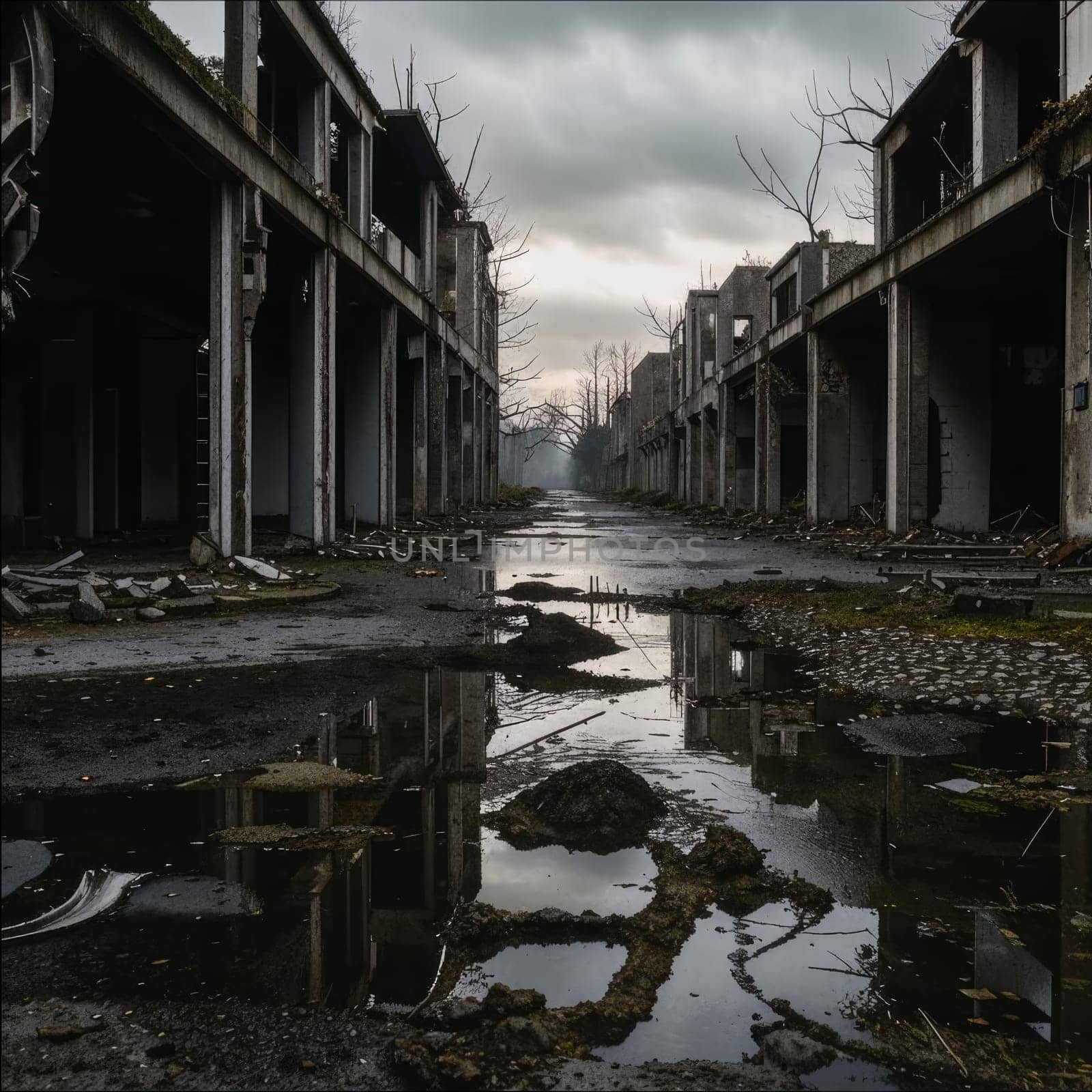 Photograph of destroyed buildings and houses due to the war. Mass destruction. Lifeless cities. Combat operations on the territory of civilians. Concrete, stones and glass shards.