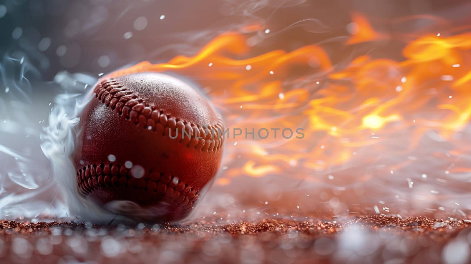 A baseball is shown resting on a dirt field. It is surrounded by smoke, flames, and a hazy background. The baseball is lit by the flames and smoke, creating a dramatic image.