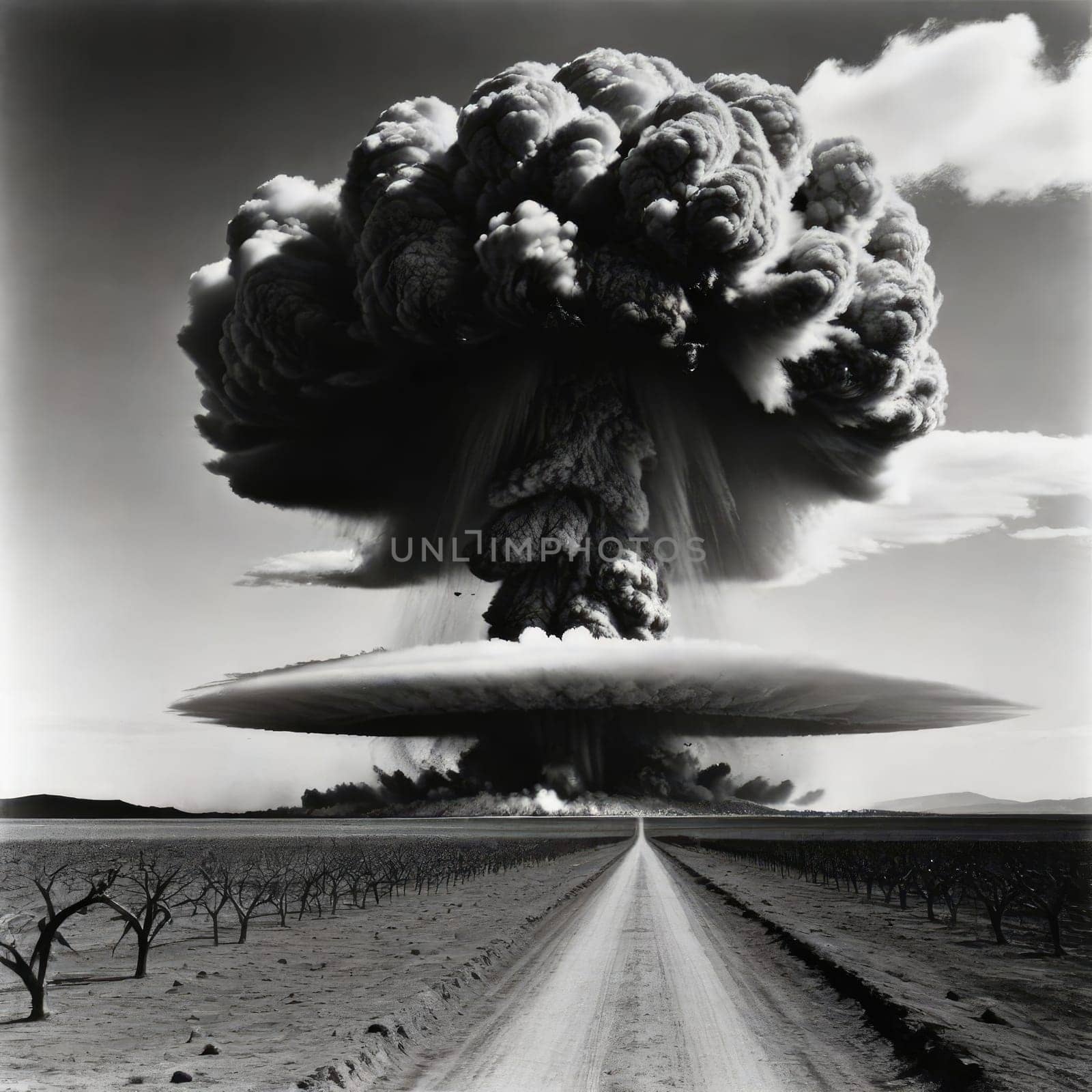 A photograph of a nuclear explosion against the backdrop of destroyed buildings and vacant lots and people. Military combat operations. Nuclear mushroom. Weapons of mass destruction.
