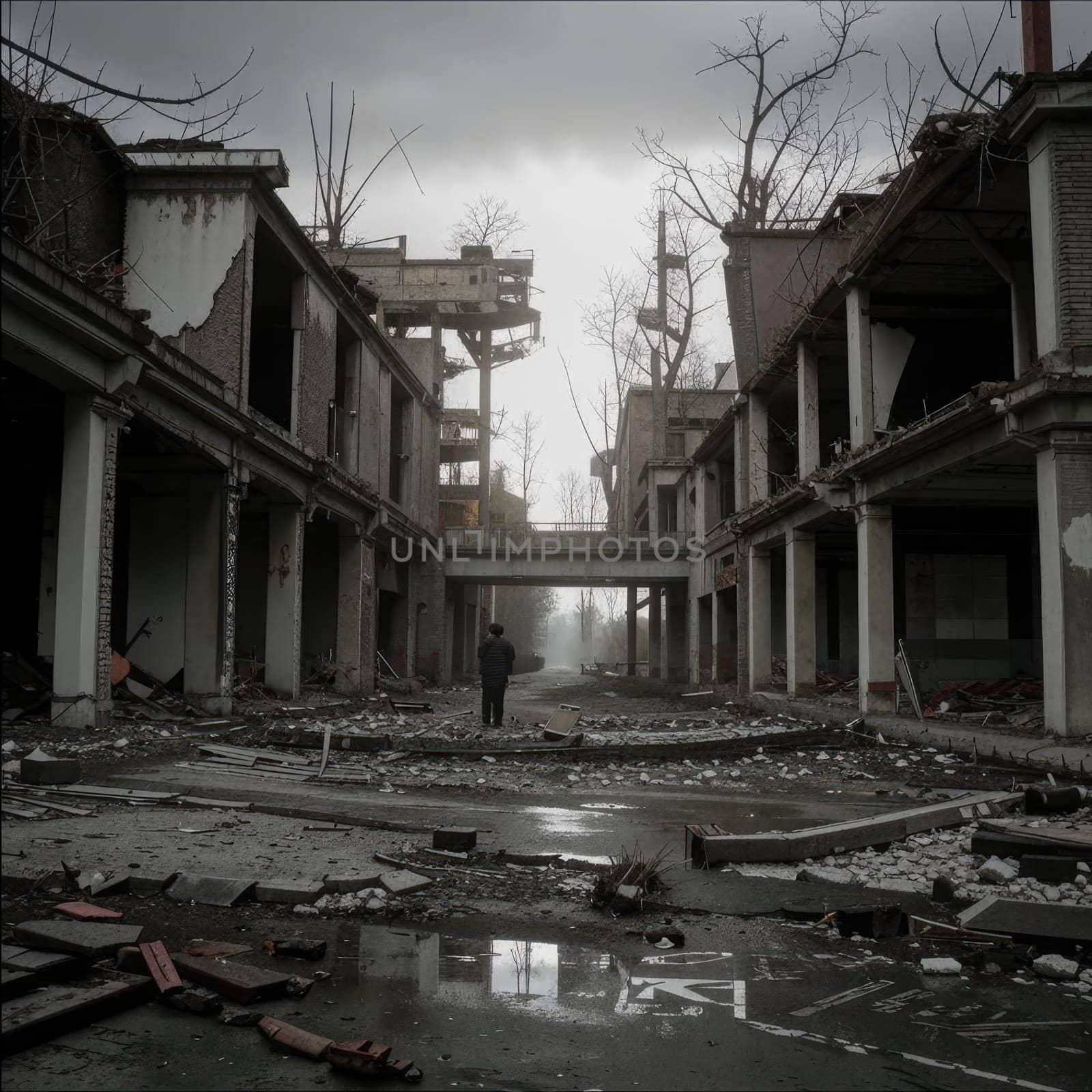 Photograph of destroyed buildings and houses due to the war. Mass destruction. Lifeless cities. Combat operations on the territory of civilians. Concrete, stones and glass shards.