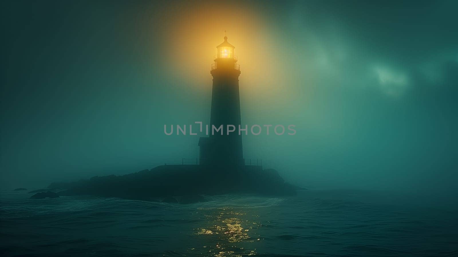 A solitary lighthouse stands tall against a backdrop of thick fog, its beacon casting a warm glow over the choppy seascape. The image captures the dramatic contrast between the light and the darkness, suggesting both hope and danger in the face of an unknown horizon.