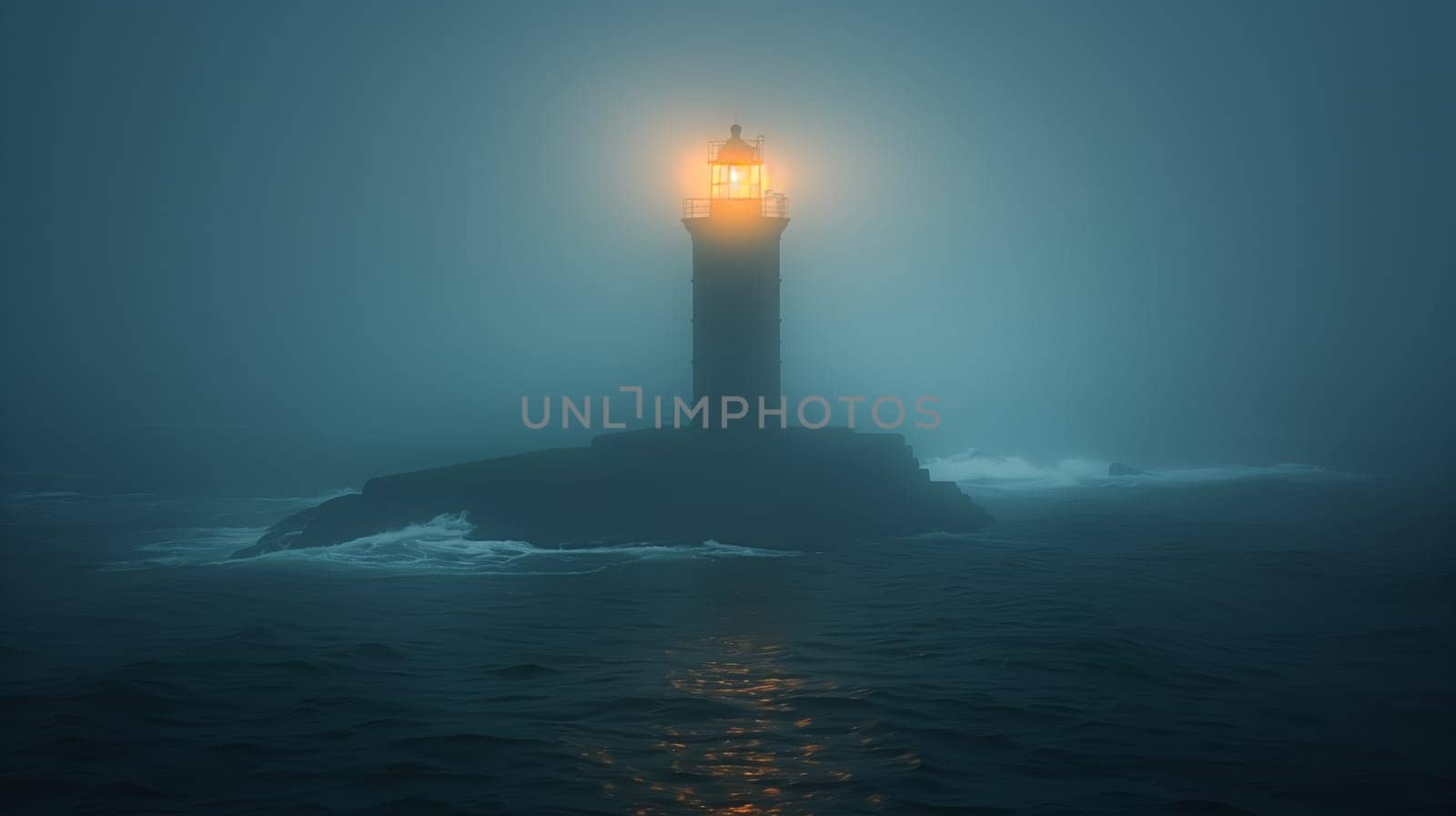 A lone lighthouse stands tall on a rocky outcropping, its beacon cutting through the dense fog that blankets the ocean. The waves crash against the rocks, creating a sense of drama and isolation. The lighthouses light serves as a symbol of hope and guidance in the midst of the darkness.