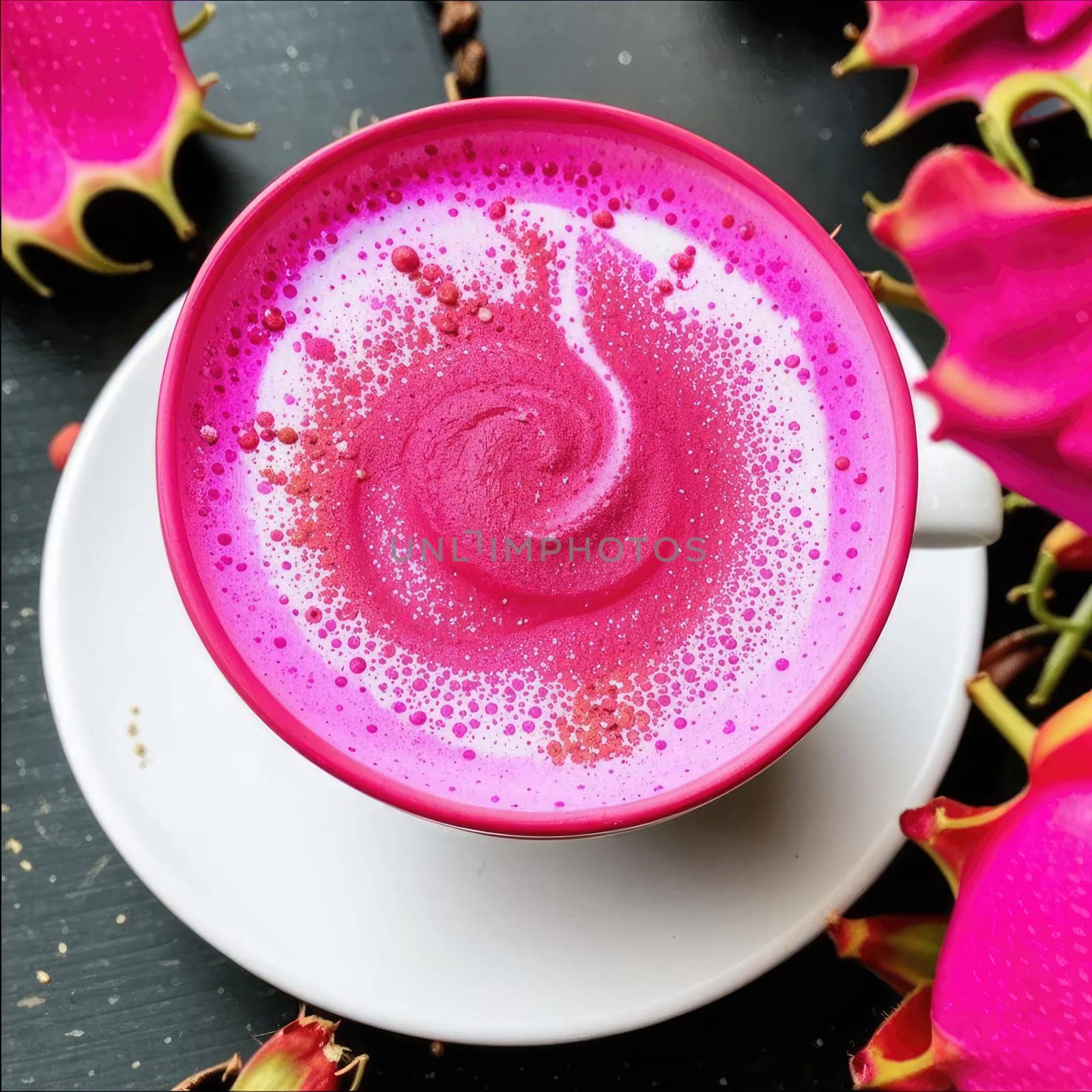 Photo of pink matcha from bright dragon fruit powder. It is rich in vitamins and minerals. Sweet taste reminiscent of a mixture of strawberries and kiwi.