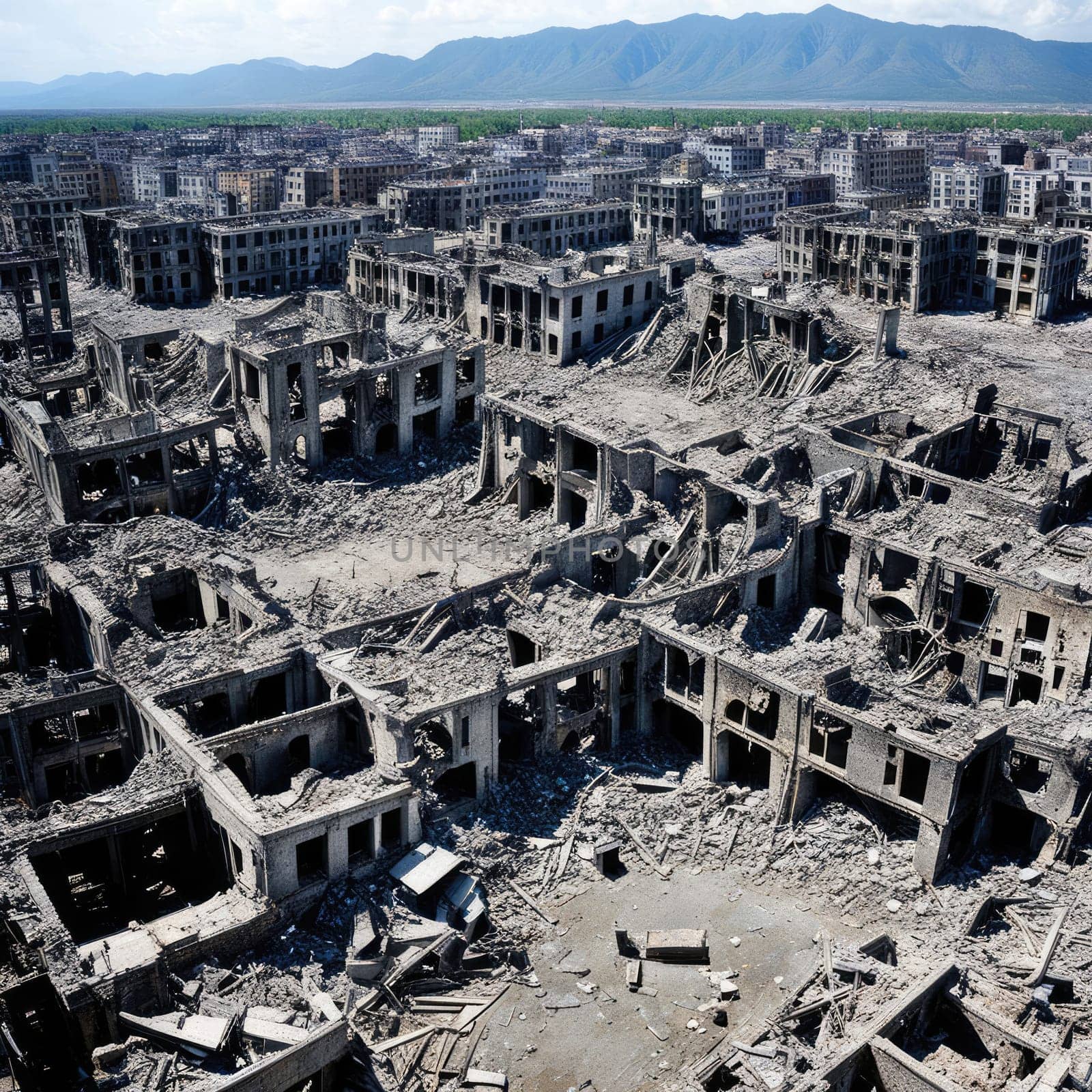 Photograph of destroyed buildings and houses due to the war. Mass destruction. Lifeless cities. Combat operations on the territory of civilians. Concrete, stones and glass shards.