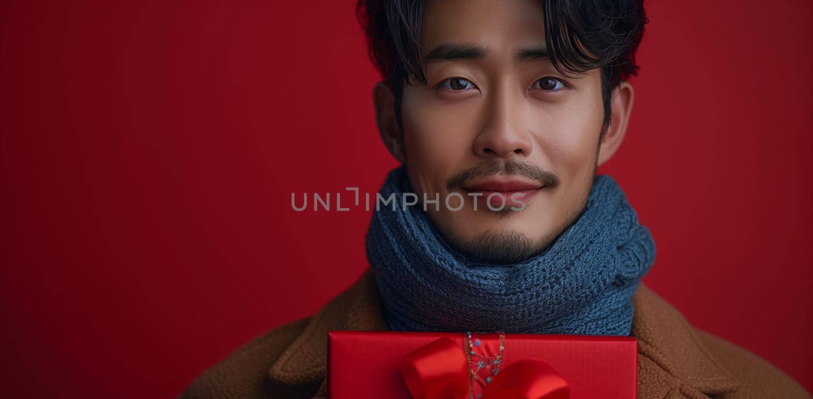 A man with dark hair, wearing a blue scarf and a brown jacket, smiles as he holds a red gift box in front of him. The background is a solid red color.