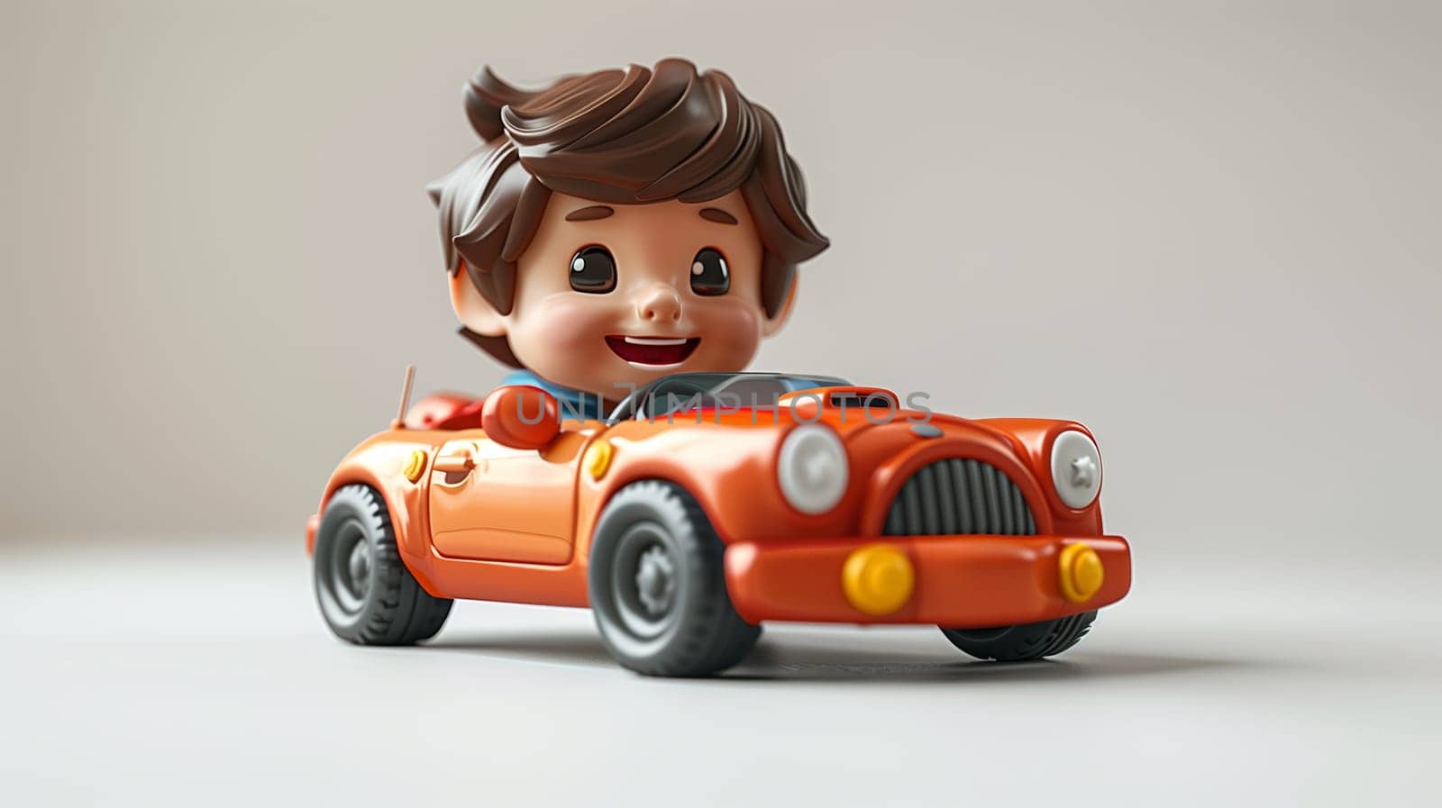 A small, smiling figurine of a boy is driving a bright orange convertible toy car. The boys head is large in proportion to his body, and he has brown hair. The car is a classic convertible with black wheels and yellow headlights. The figurine and car are in focus, while the background is blurred.