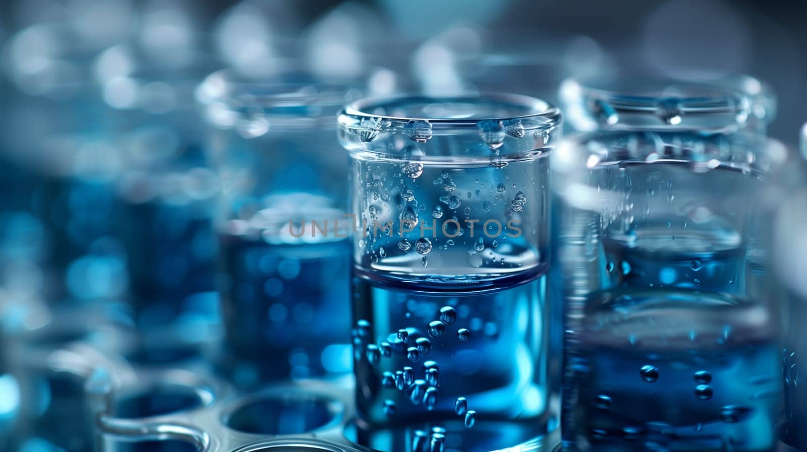 A close-up image of a row of glass test tubes filled with a bright blue liquid. The tubes are sitting on a metal rack, and the liquid appears to be slightly bubbling. The image is taken from a low angle, emphasizing the cylindrical shape of the tubes. The background is slightly blurred, creating a sense of depth and focus on the tubes themselves.