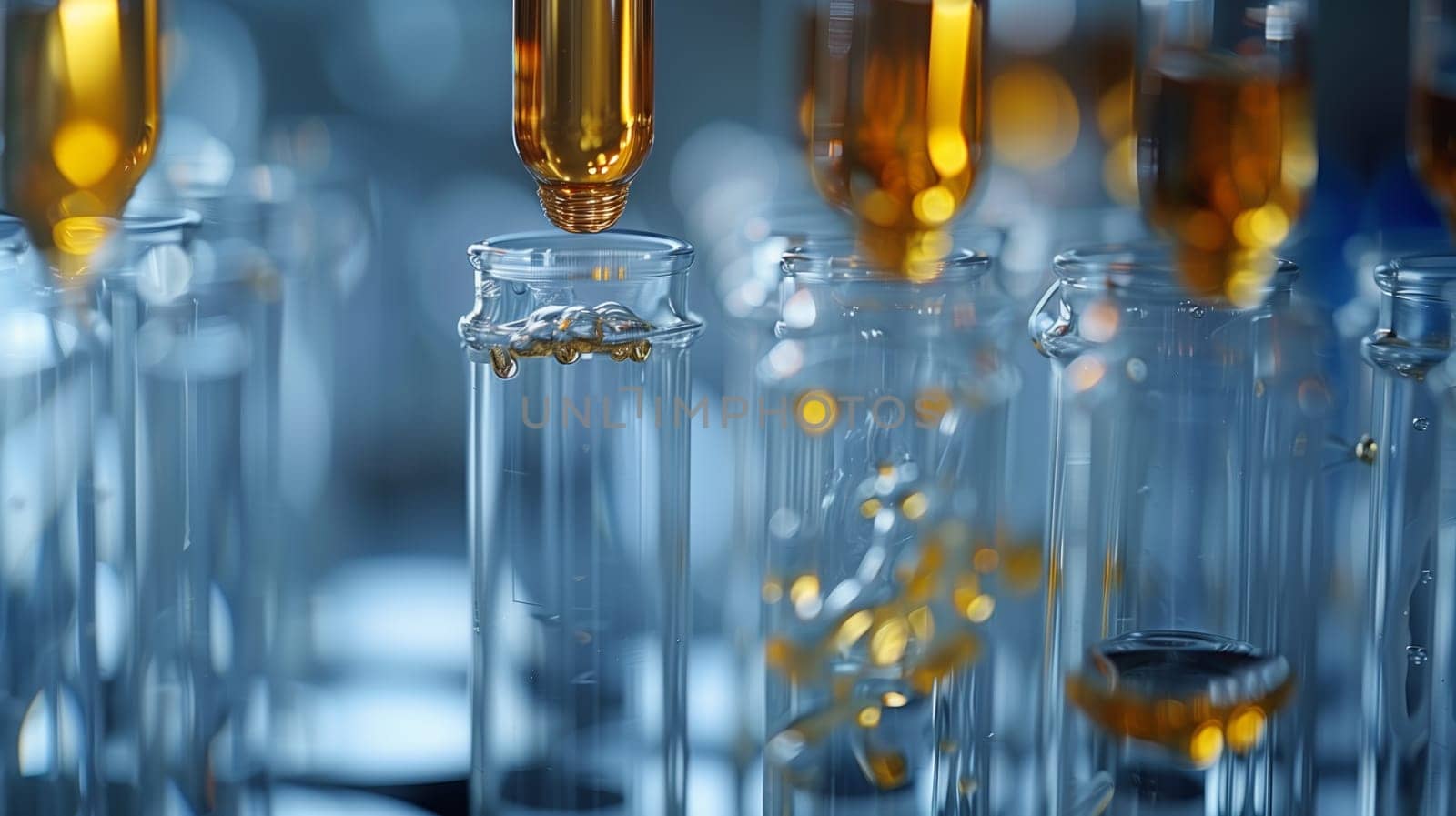 A close-up photo of a laboratory experiment where a yellow liquid is being dropped into clear glass test tubes. The photo captures the moment the liquid is being dispensed, creating a small ripple effect on the surface of the liquid already in the tube. The blue background suggests a sterile environment.