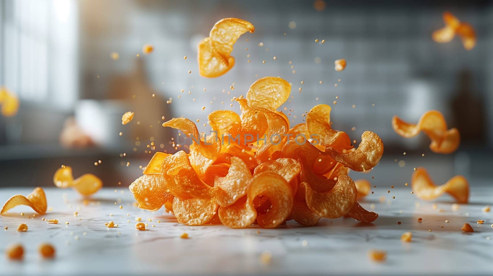 A close-up image of potato chips falling on a marble surface. The chips are scattered and some are in mid-air, creating a sense of motion and crunchiness. The light background highlights the golden color of the chips and the details of their texture.