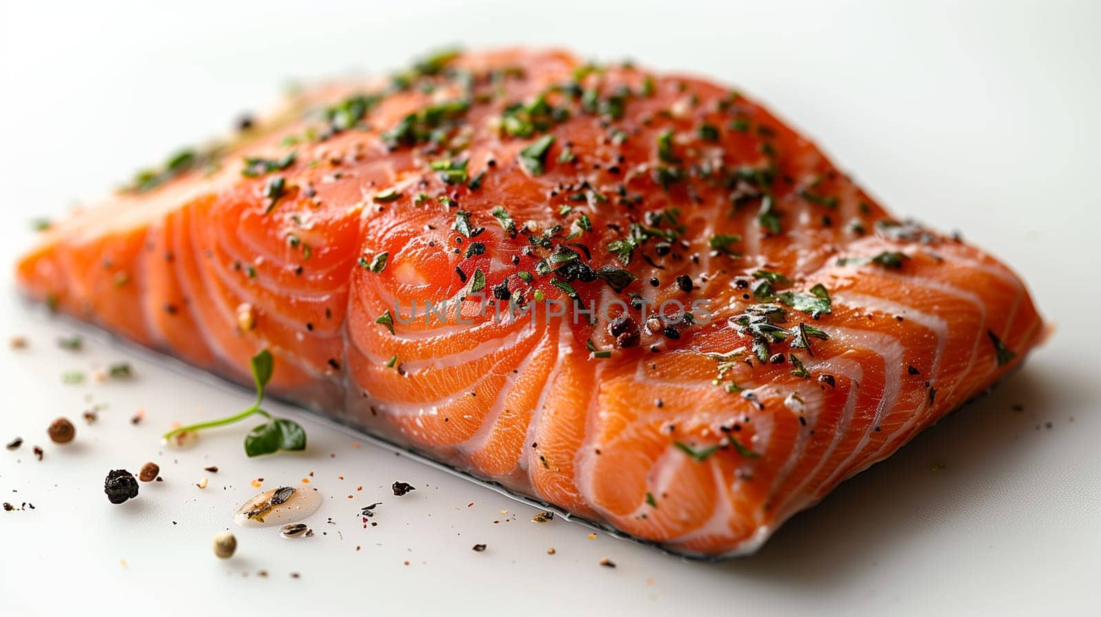 This close-up image features a single, cooked salmon fillet resting on a white plate. The fillet is covered in a layer of herbs and spices, and there are a few peppercorns scattered around it. The salmon has a slightly orange hue and a glossy finish, suggesting that it may have been grilled or pan-seared.