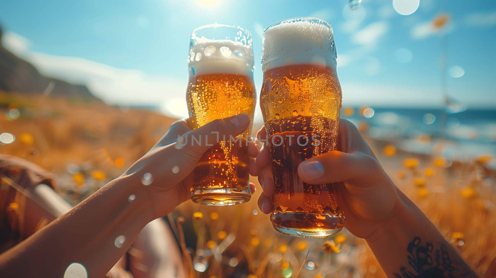 This image shows two people holding up glasses of beer and toasting on a sunny beach day. The beach is filled with yellow flowers and the ocean is visible in the background.