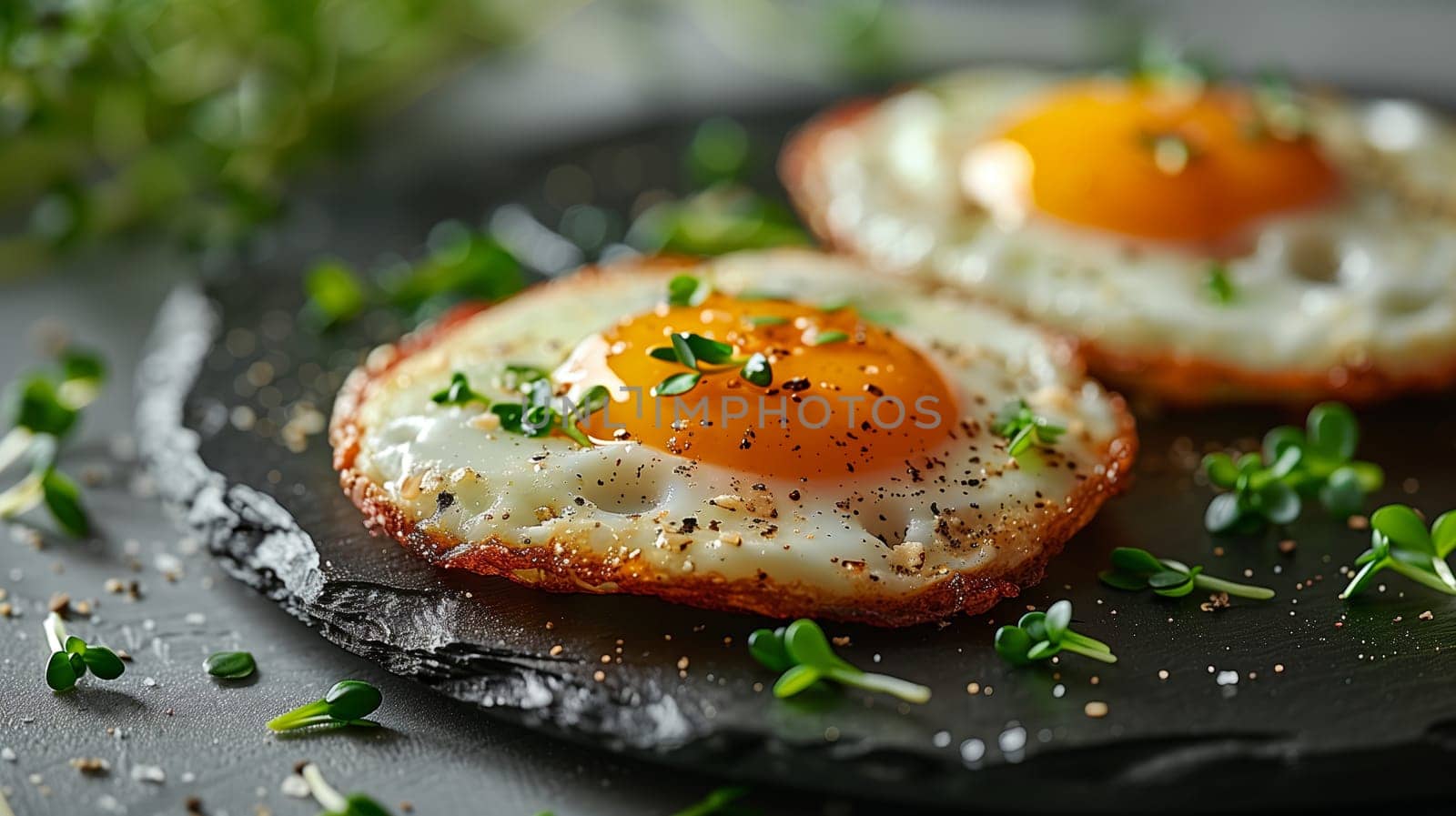 Two sunny-side-up eggs are plated on a black slate plate with fresh herbs and spices sprinkled on top. The eggs are perfectly cooked with golden yolks and crisp edges, creating a delicious and visually appealing breakfast or brunch option.
