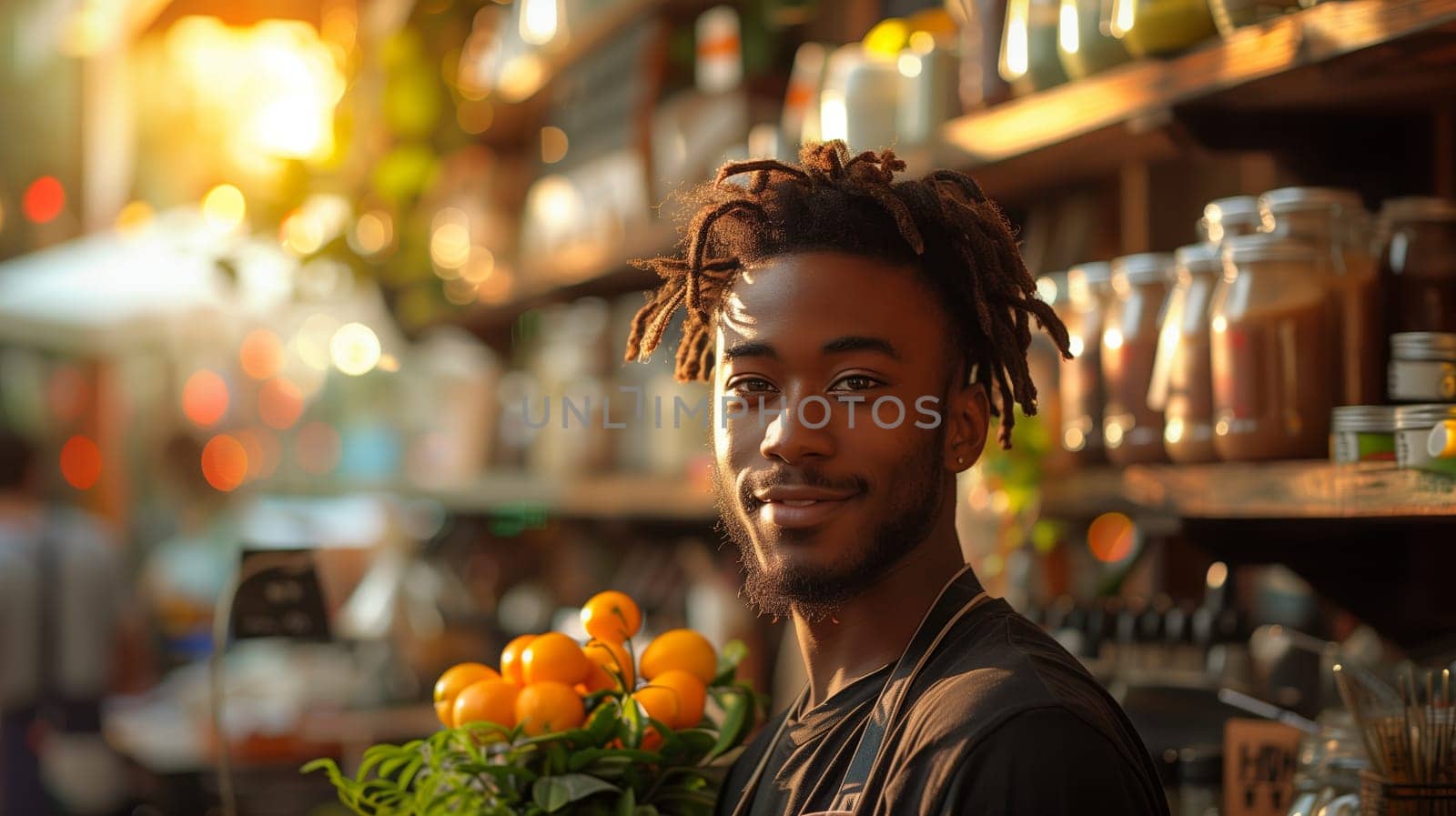 A young man with dreadlocks smiles at the camera as he stands in a shop holding a bunch of oranges. The shop is filled with jars and bottles on shelves behind him. Warm, golden light casts a glow on the scene.
