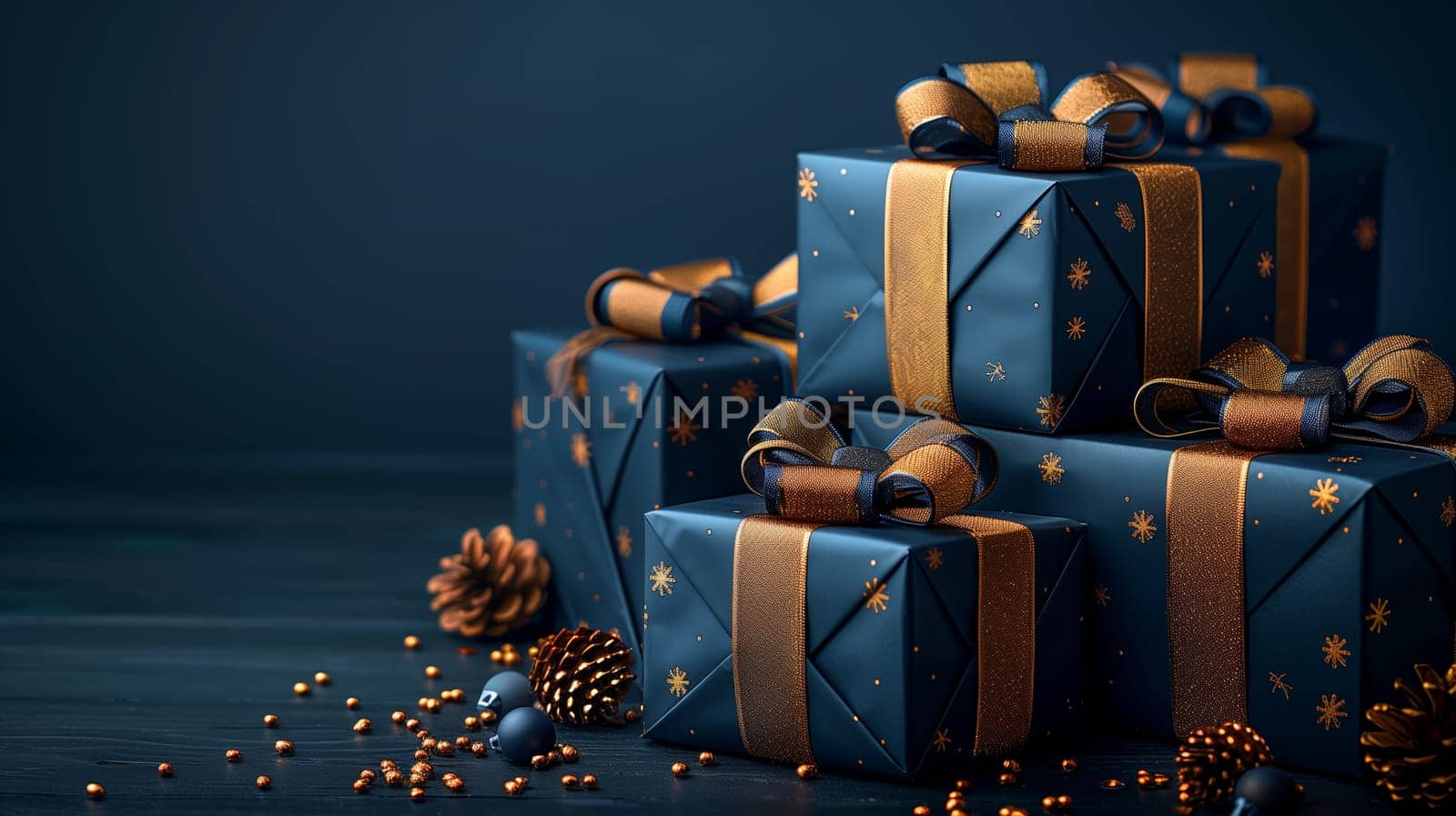 A close-up shot of several wrapped gifts stacked on a dark wooden surface. The gifts are wrapped in a dark blue paper with gold ribbon and have gold stars printed on them. The background is a dark blue wall, and there are gold beads scattered around the gifts.