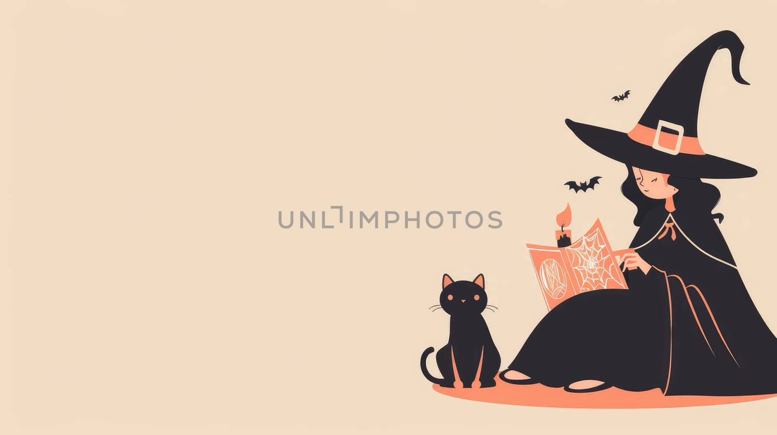 A woman in a witch costume is reading a book while a cat sits next to her. The image has a spooky and mysterious mood, with the witch and cat being the main focus