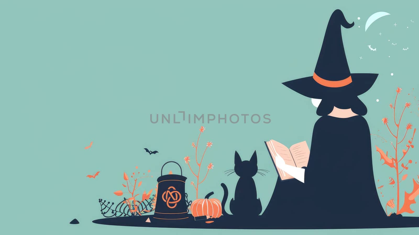 A girl in a witch costume is reading a book. The background features a pumpkin, a cat, and a lantern