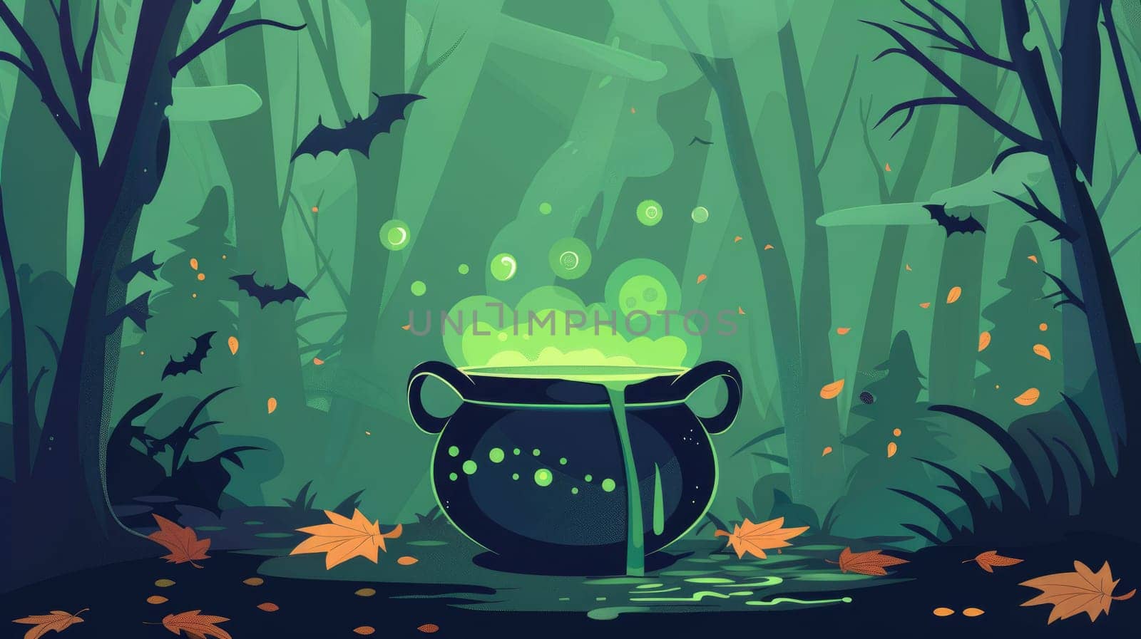 A green cauldron with green liquid in it is in a forest. The forest is dark and eerie, with bats flying around. The cauldron is the center of attention, and it seems to be emitting a green glow