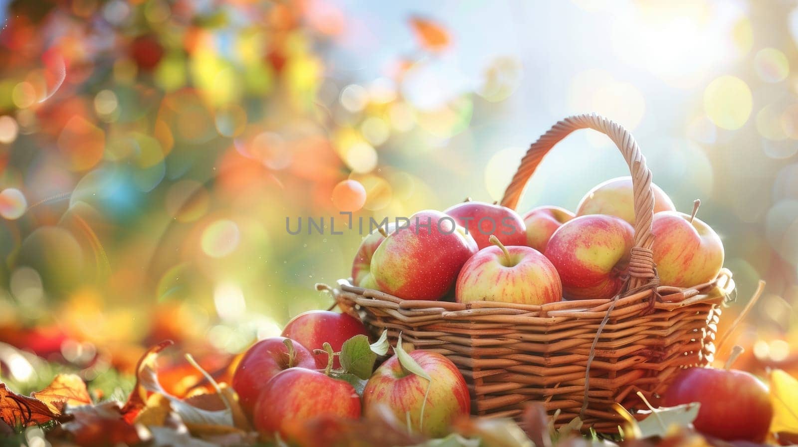 A basket full of apples is sitting on the ground in a field. The apples are ripe and ready to be picked. The basket is woven and has a rustic feel to it. The scene is peaceful and serene