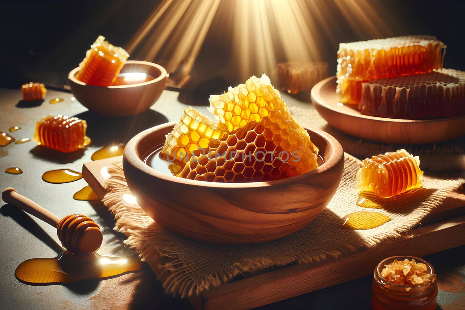 honeycomb pieces in a wooden bowl, illuminated by sunlight.
