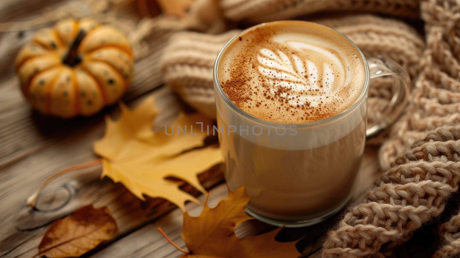 A mug of coffee with a leaf design on top sits on a wooden table with a pile of autumn leaves