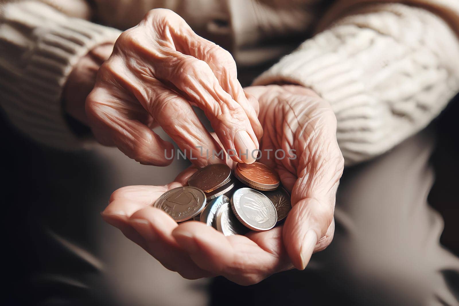 an elderly woman counting coins in her hand, wrinkled hands holding and counting various coins.