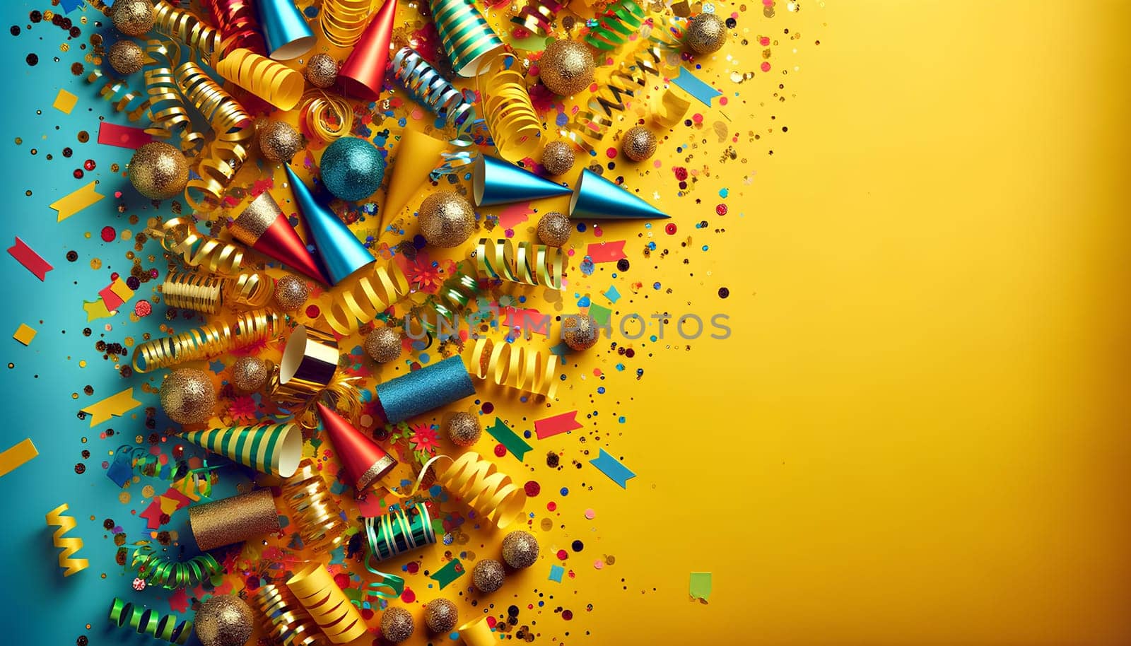 a festive background of party poppers, streamers, and confetti on a bright yellow background, copy space.