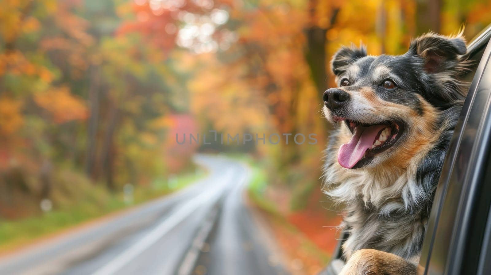 A dog is sitting in a car window, looking out at the road. The dog appears to be happy and enjoying the view