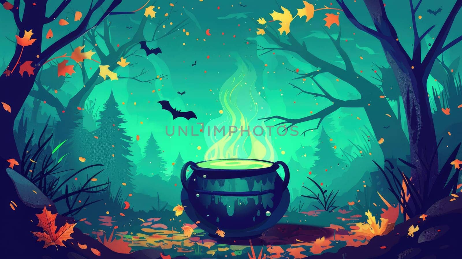 A green and blue forest with a large cauldron in the middle. The cauldron is filled with smoke and has a green glow. The scene is set in a dark and eerie atmosphere, with bats flying around