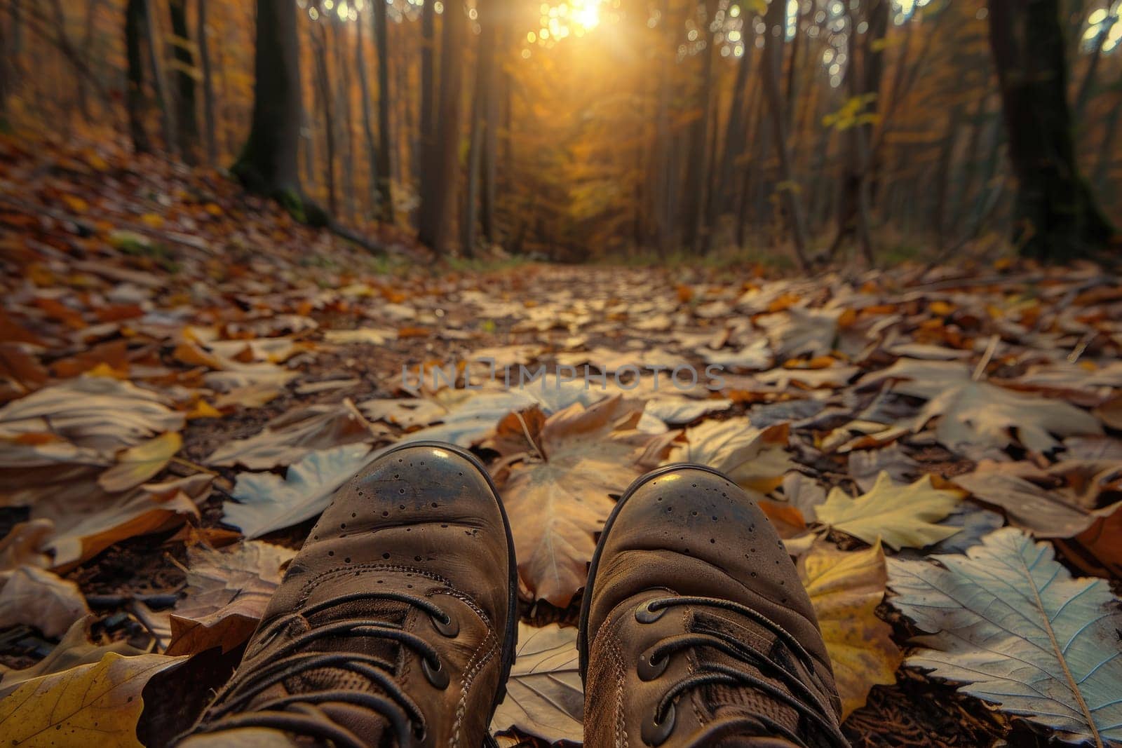 A pair of boots are on a path in the woods. The boots are dirty and the leaves are on the ground