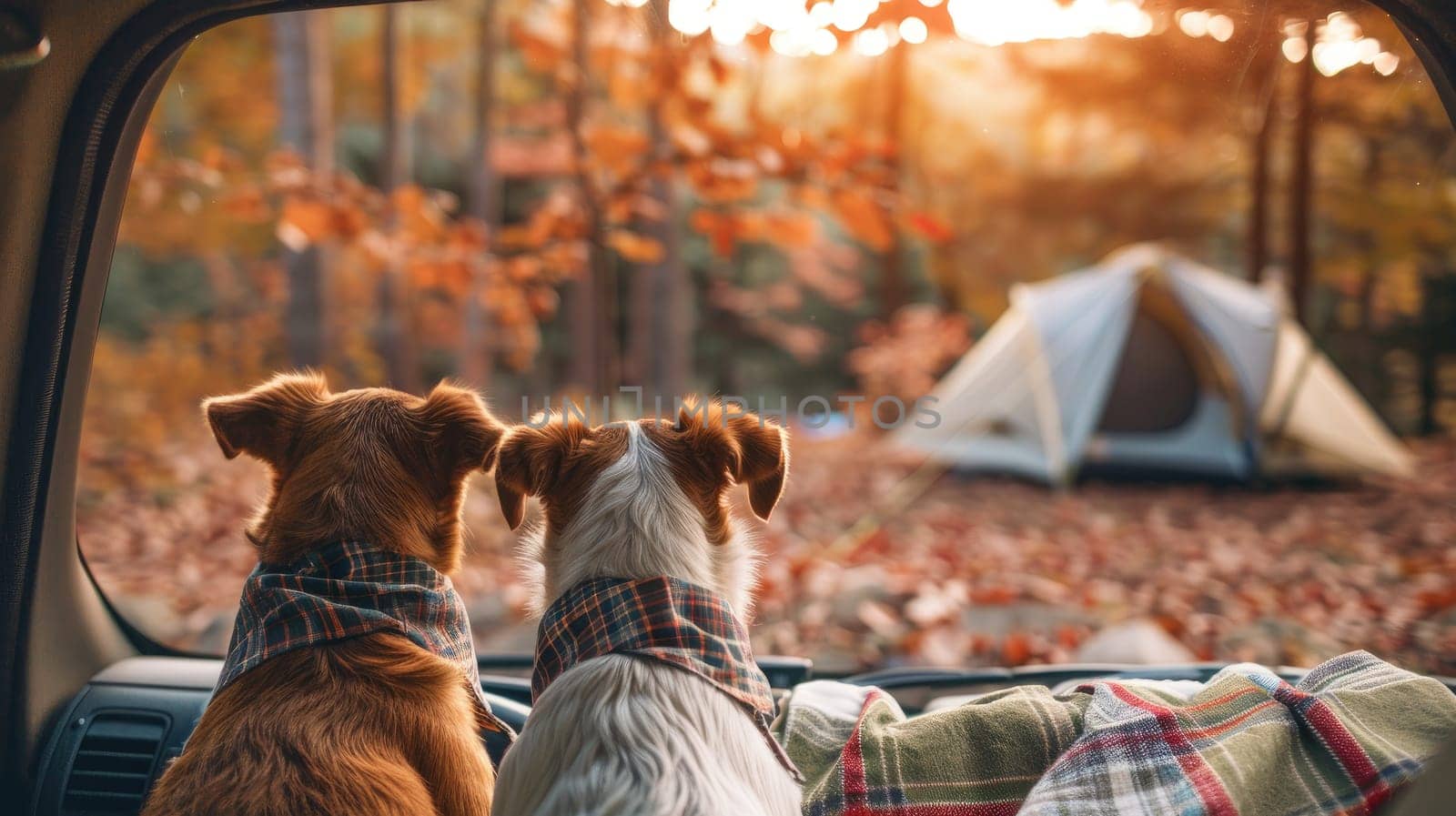 Two dogs are sitting in a car with a tent in the background. The dogs are wearing bandanas and seem to be enjoying the ride