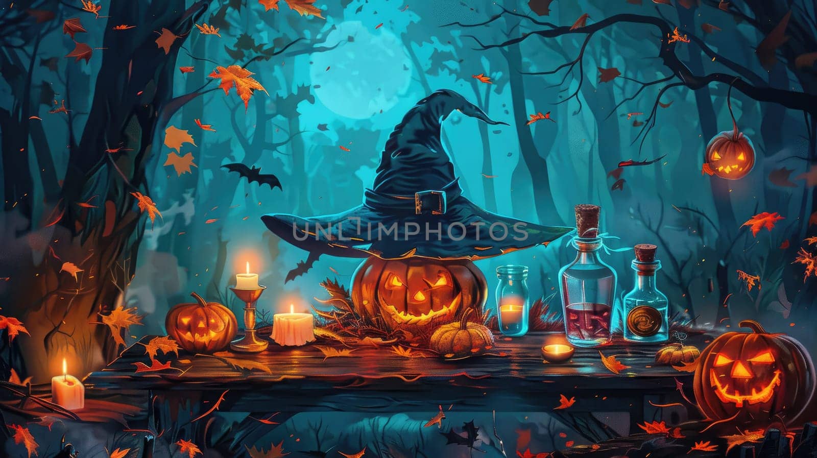 A witch's hat sits on a table with a pumpkin and other pumpkins. The table is surrounded by trees and leaves, giving the impression of a Halloween scene